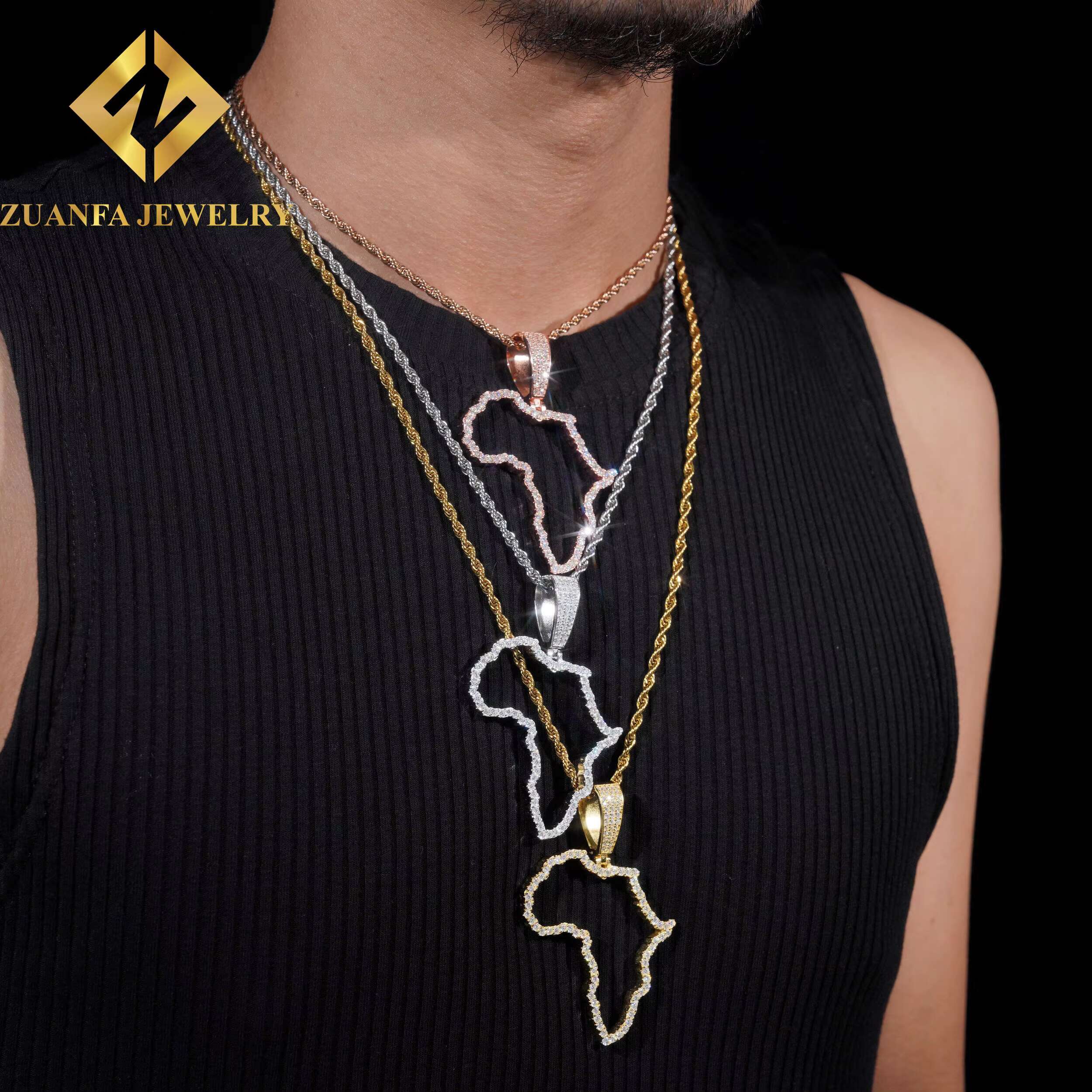 New Trend Fashion Custom Map Pendants 925 Sterling Silver Jewelry Hip Hop Moissanite Diamond Africa Map Pendants Hollow Design