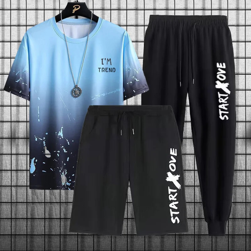 Summer Ice Silk Cool Three Piece Set Casual Sports Mens Set Pattern Style 250617