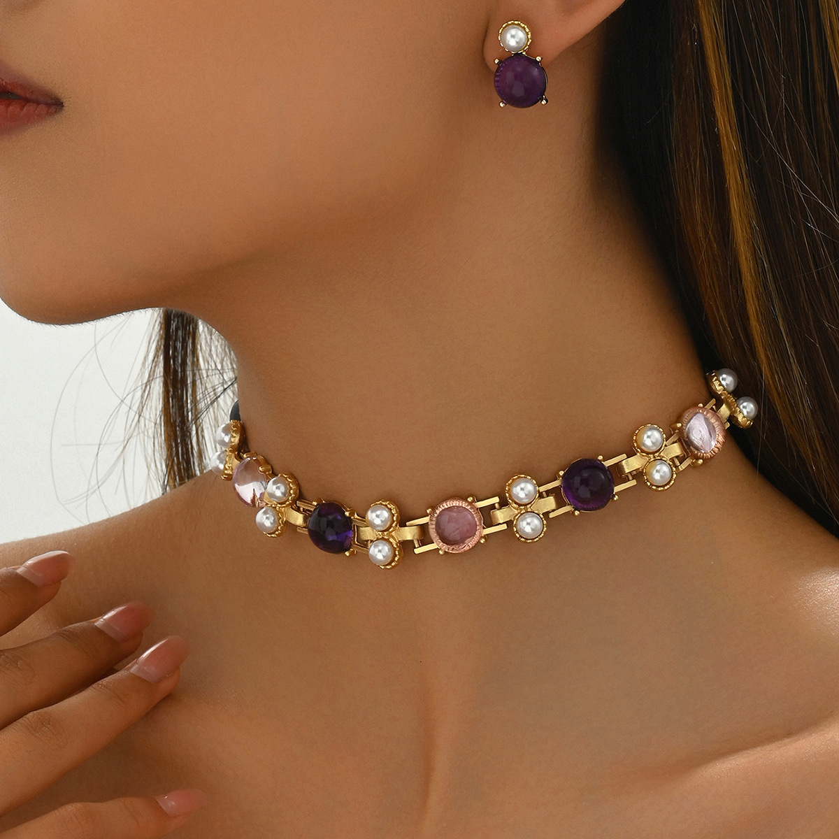 Korean And Japanese Sweet Fresh Inlaid Women's Earrings Jewelry Set Design Necklace Choker