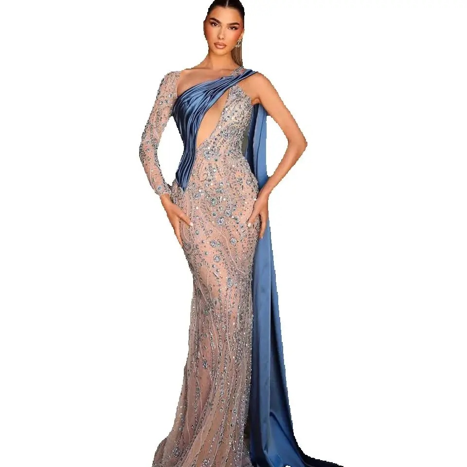 Luxury Crystals Evening Dresses Elegant One Shoulder Beaded Mermaid Prom Dress Floor Length Party Celebrity Gowns