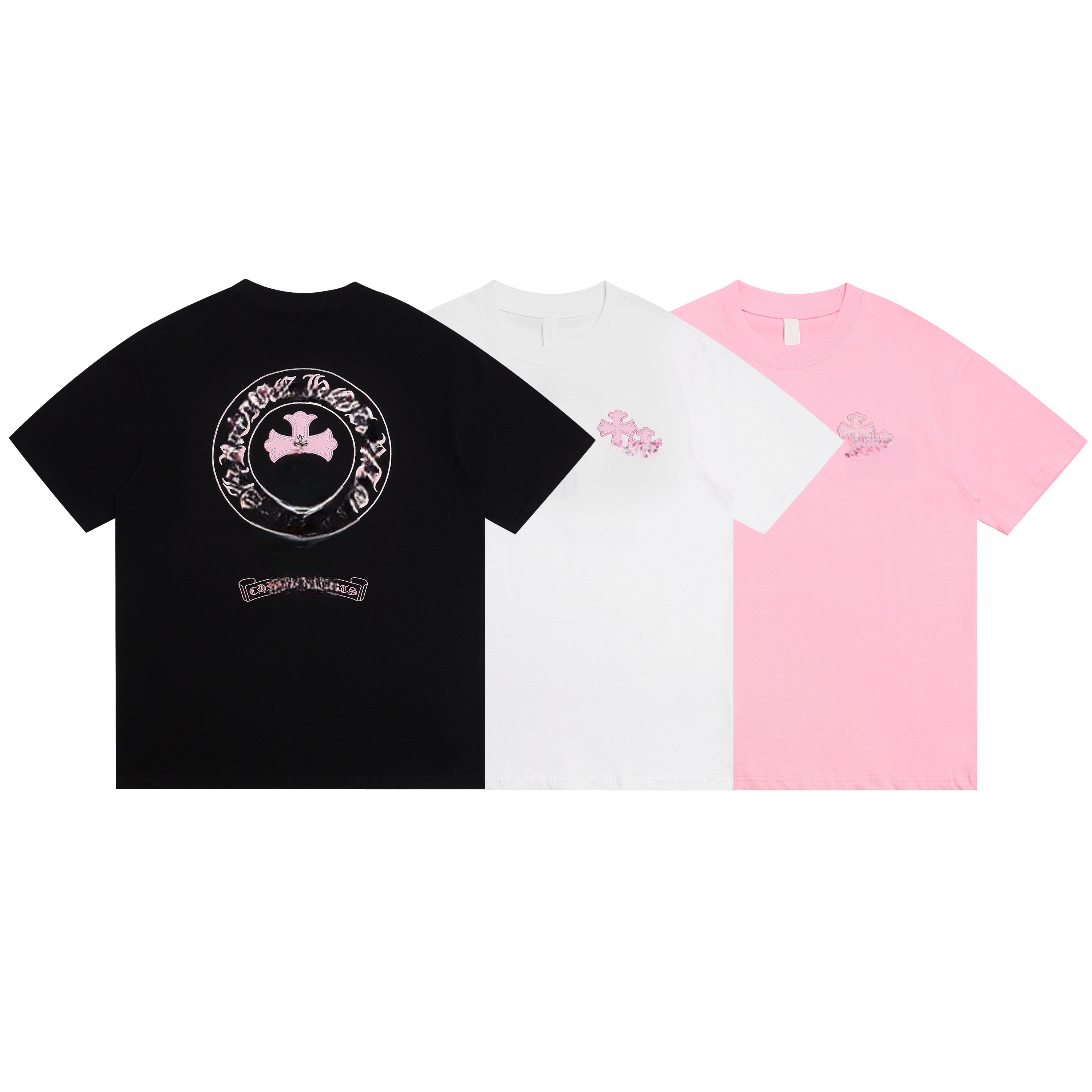 25SS chrome shirt Summer Short Sleeved shirts Pink leather label Sanskrit Horseshoe Embroidery T-shirt men Women Fashion Trendy tee 270g Cotton Luxury tshirt