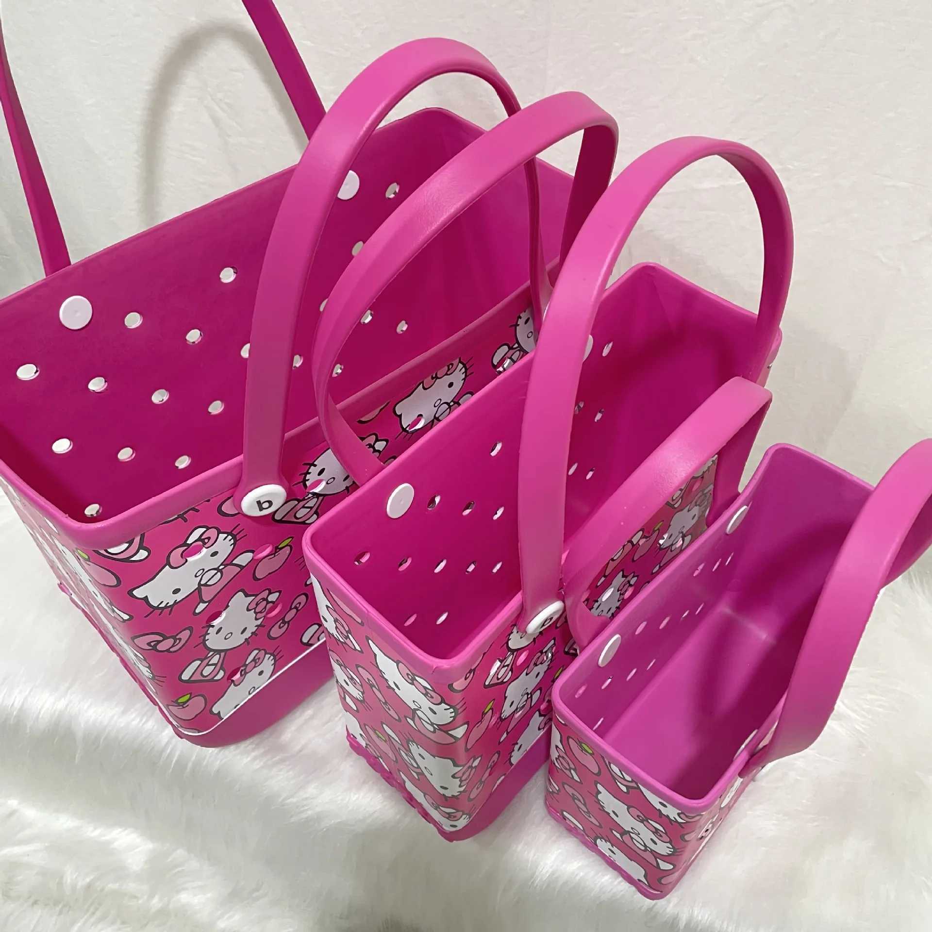 Sanrio Large Hello Kitty Eva Beach Tote Bag Fashion Storage Baskets Summer Rubber Tote Solid Color Jelly Beach Bags Sundries Organizer w250624