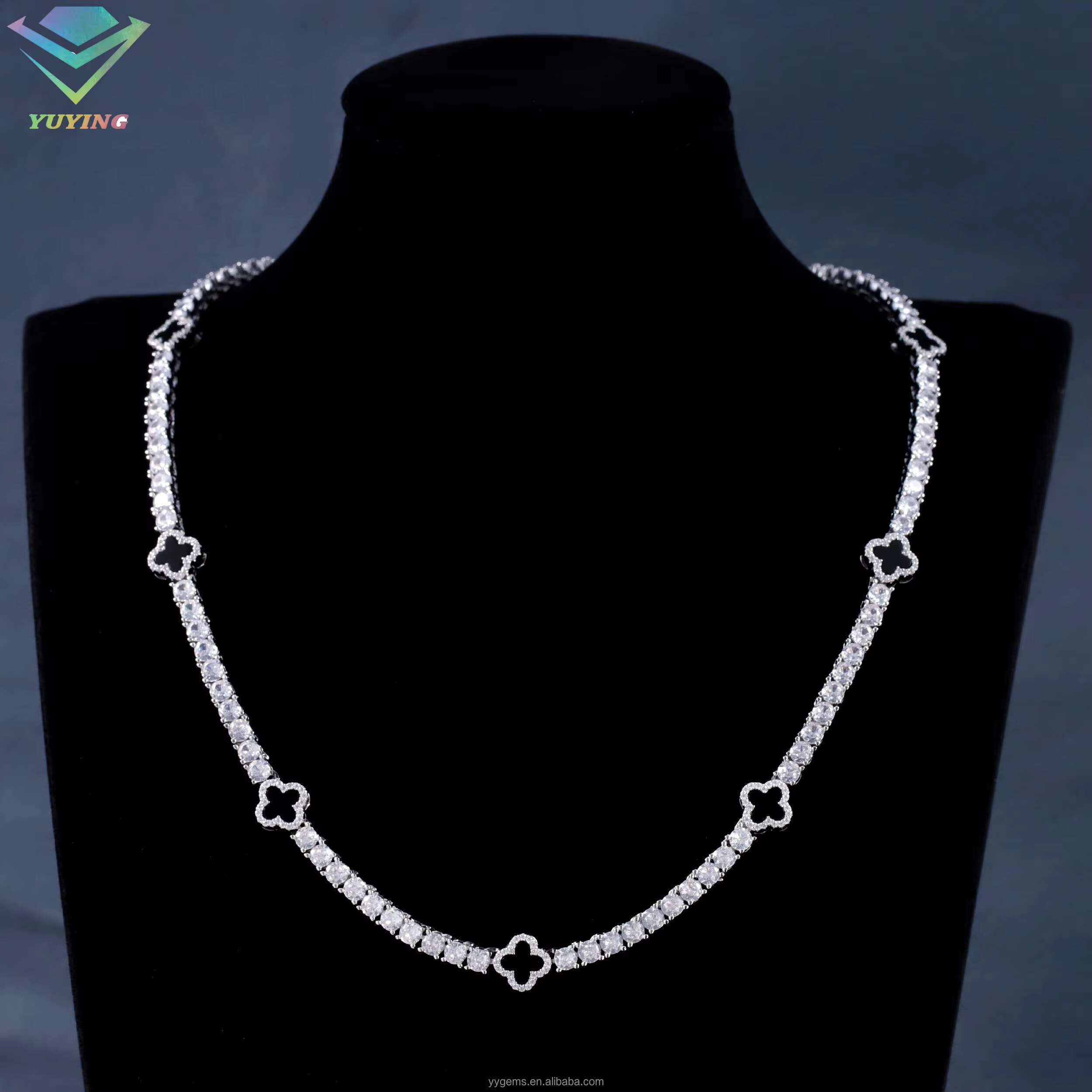 Accept Customized Natural Clover Black Agate White Gold Plated Tennis Chain Necklace Moissanite Silver Chains Jewelry Necklace