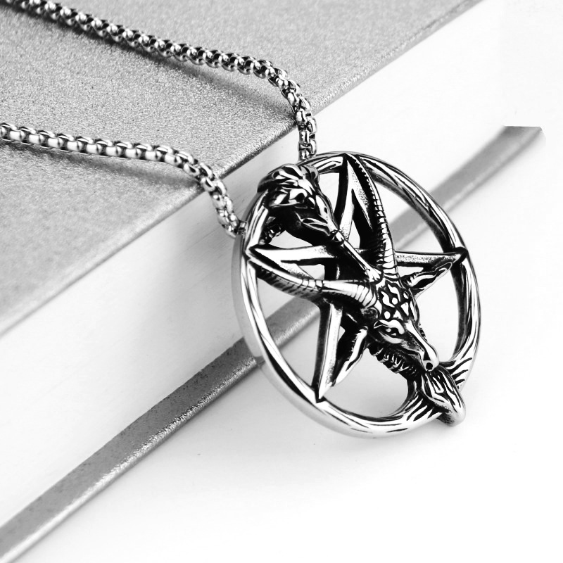 Retro Goat Round Brand Hexagonal Star Pendant Couple Hip-hop Stainless Steel Necklace Casual Literary Gift for Men and Women