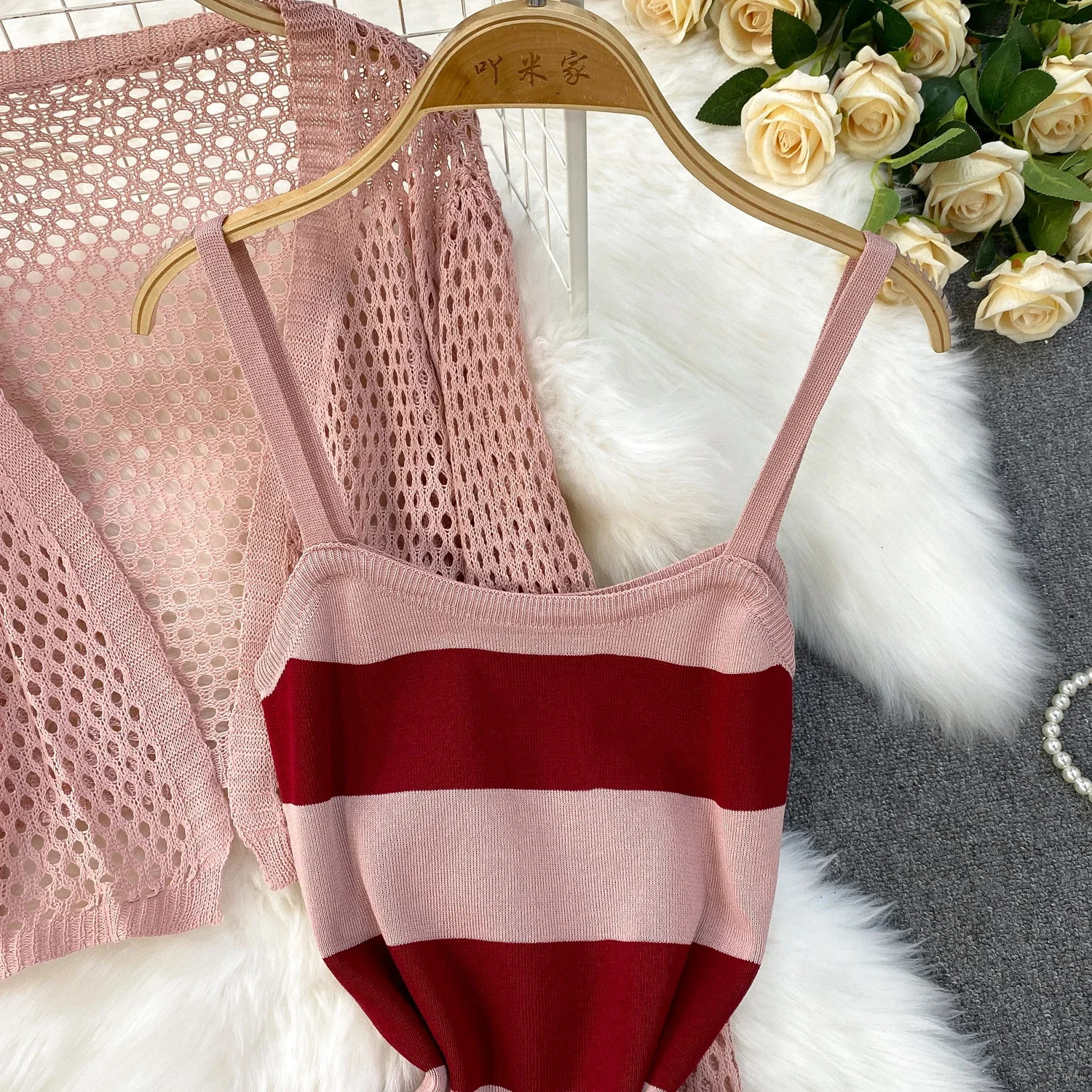 2025 Summer Women Hollow Out Knitted Solid Cardigan Tops Elatic Waist Bodycon Striped Strap Dress Two Pieces Sets 250614