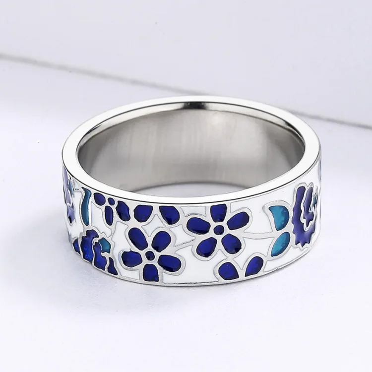 925 Silver Exquisite Womens for Ring Blue Enamel Flower Ring Fashion Handmade Enamel Jewelry Wedding Bridal Ring 250624
