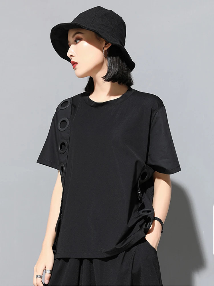 EAM Women Black Hollow Out Spliced Casual Big Size T-shirt Round Neck Short Sleeve Fashion Spring Summer 1DF4780 250614CJ