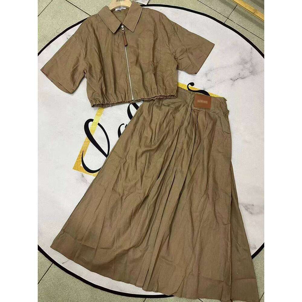 GALCAUR Cowboy Two Piece Sets For Women Lapel Short Sleeves Spliced Zipper Top High Waist Patchwork Folds Skirt Set Female Style