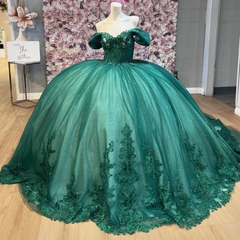 Dark Green Glitter Quinceanera Dresses Ball Gown Lace Applique Beading Tull Corset Sweet 16 Dress Vestido De 15 Anos