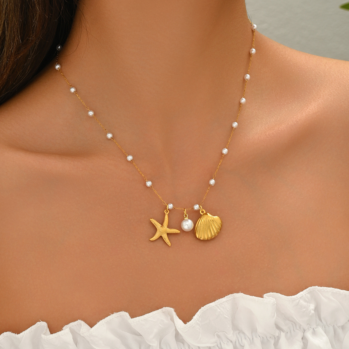 Beach Style Jewelry Ocean Series Women's Long Shell Starfish Necklace Pearl Choker Chain