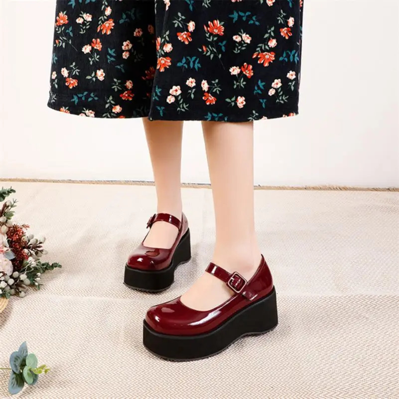 FOREADA Mary Janes Shoes Kawaii Princess Patent Leather Platform High Heel Round Toe Wedges Buckle Footwear Female 46 250624