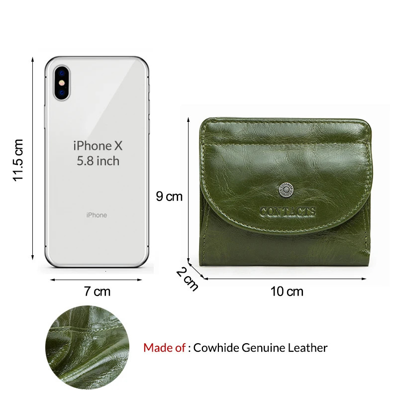 Contacts 100% Genuine Leather Wallet Green Women Small Coin Purse Mini Card Holder Wallets Mini Money Bag for Ladies Carteras 250623