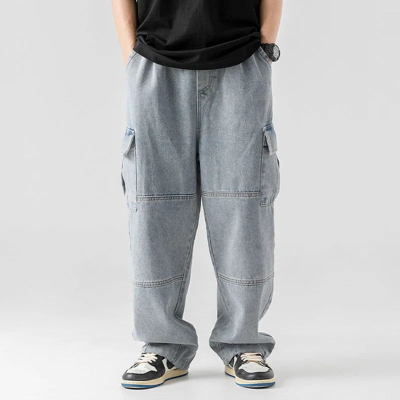 MenS Multi Pocket Jeans Vintage Distressed Loose Workwear Pants Korean Casual Drawstring Straight Leg Pants Wide Leg Pants 250624