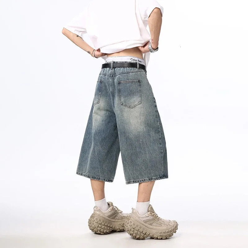 Y2k Oversized Mens Wide Shorts Summer Vintage Loose Calf-length Denim Pants Lightning Cracked Washed Baggy Jeans Streetwear 250617