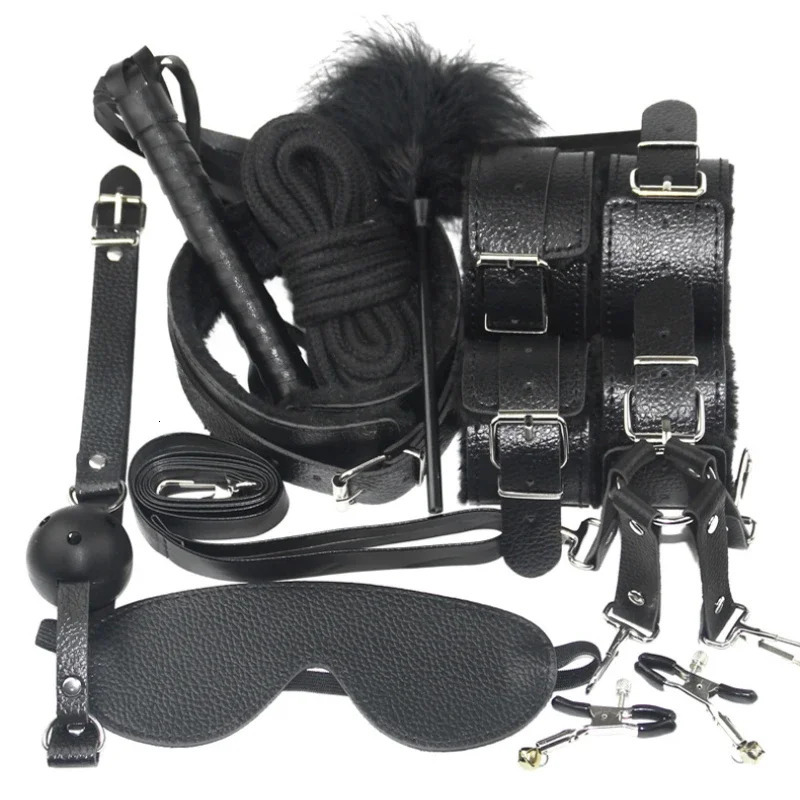 Sexy Leather BDSM Kits Handcuffs Nipple Clamps Whip Spanking Plush Sex Bondage Set Handcuffs Sex Games Sex Toys for Women Men 250624