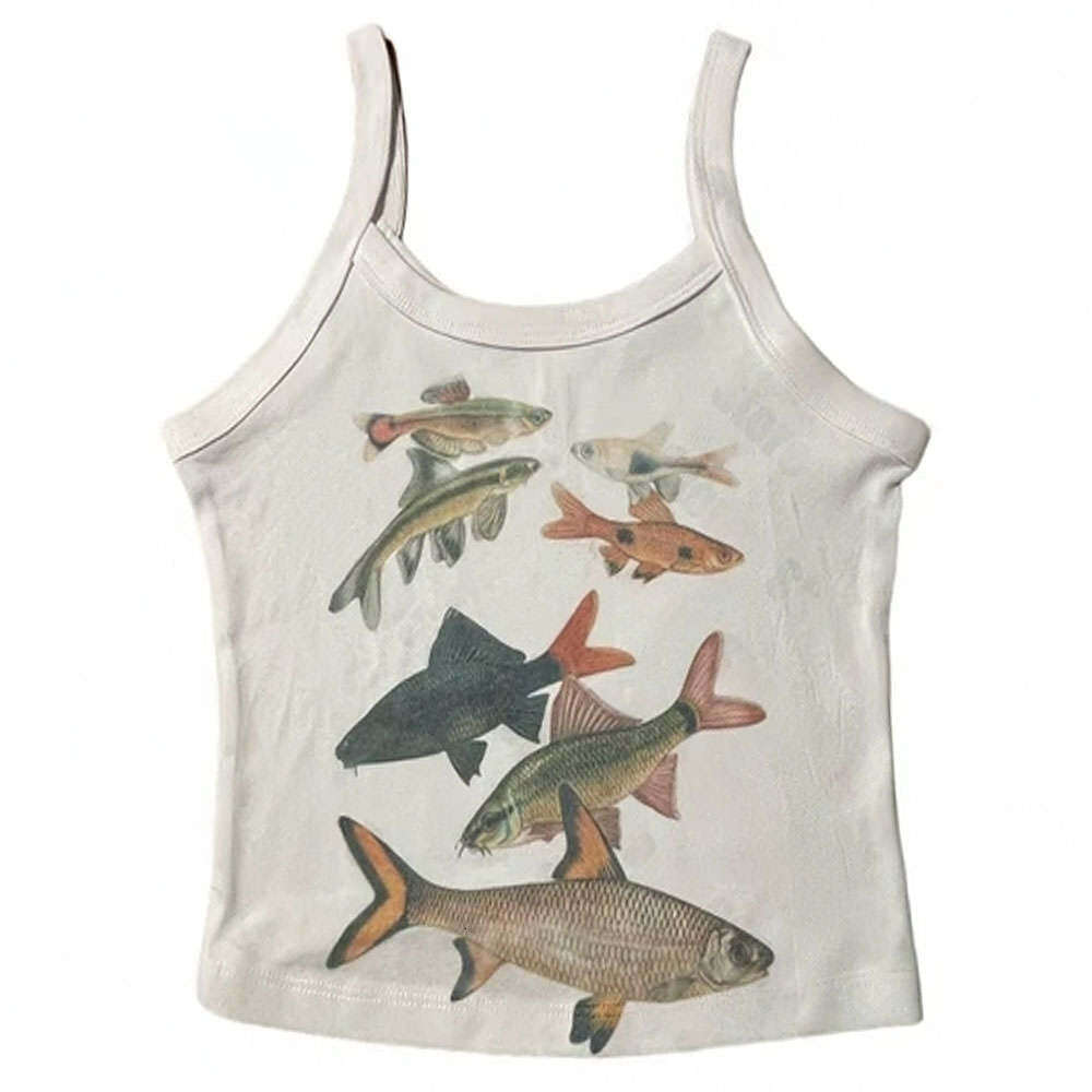 Y2k Abstract Goldfish Print Square Neck Personality Slim Fit Camisole Sexy Street Style Versatile Slimming Casual Tank Top B5