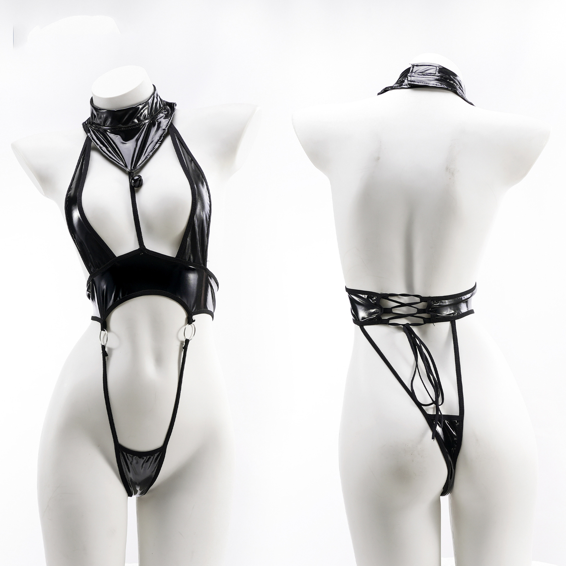 Women's Jumpsuits & Rompers Sexy bikini women's high slit patent leather shiny open chest tight jumpsuit