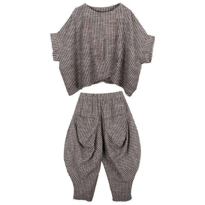 Summer New Suits RETRO Art Stripe Short Sleeve T-shirt Loose Top Women's Knickerbockers Casual Pants Two Piece Sets