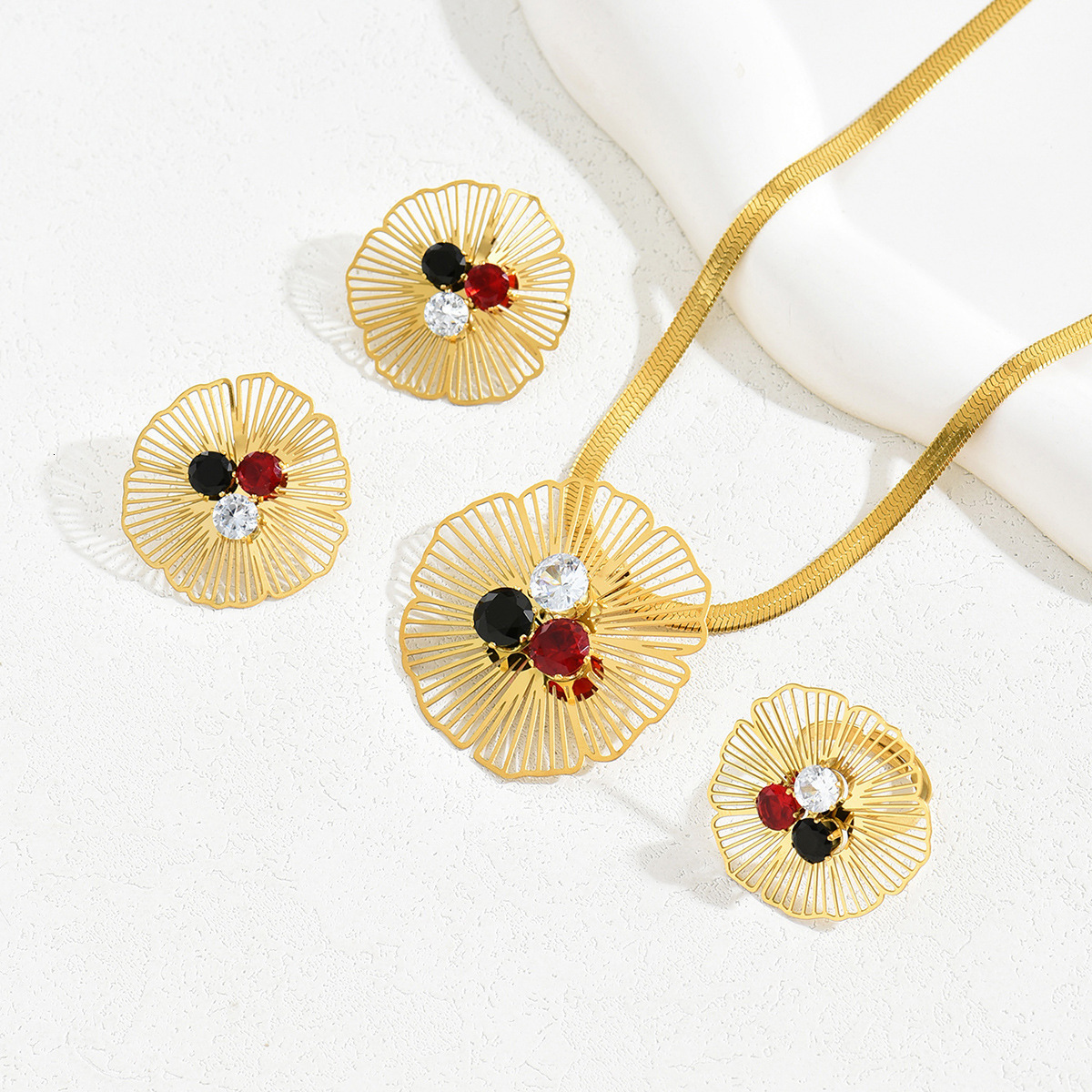 Light Style Earrings Jewelry Set Personality Zircon Flower Design Ring Long Necklace