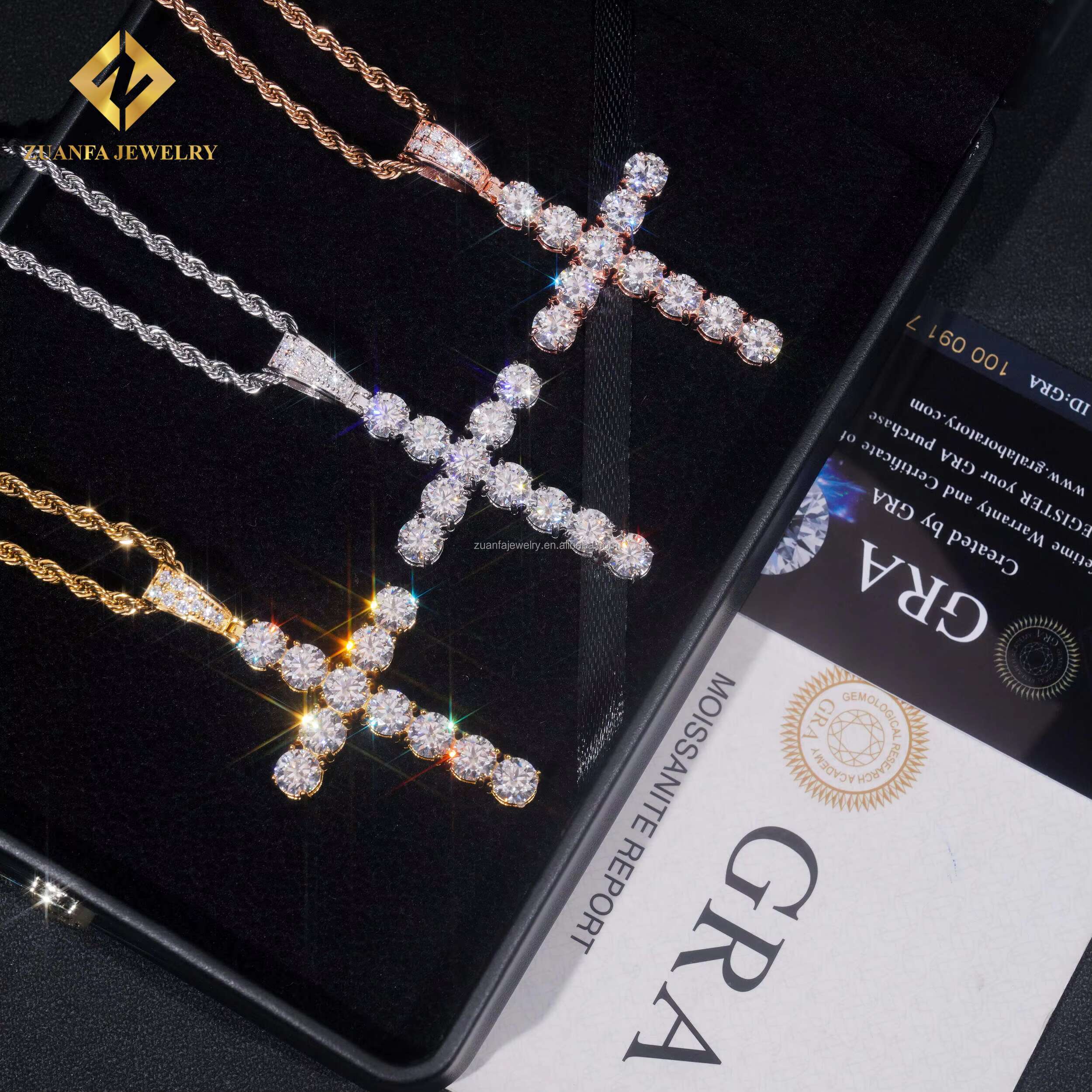 Pass Diamond Tester Best Selling GRA Certificate Iced Out Hip Hop Jewelry 925 Silver Moissanite Diamond Cross Pendant Necklace