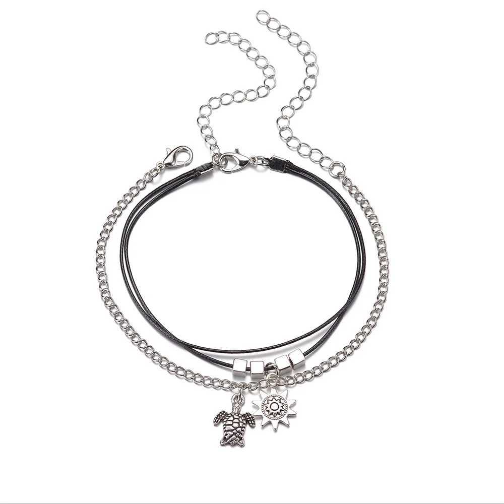 Bohemian Double Layers Sun Turtle Anklets For Women Antique Silver Color Chain Ankle Bracelet Beach Jewelry Summer Accessories U250624