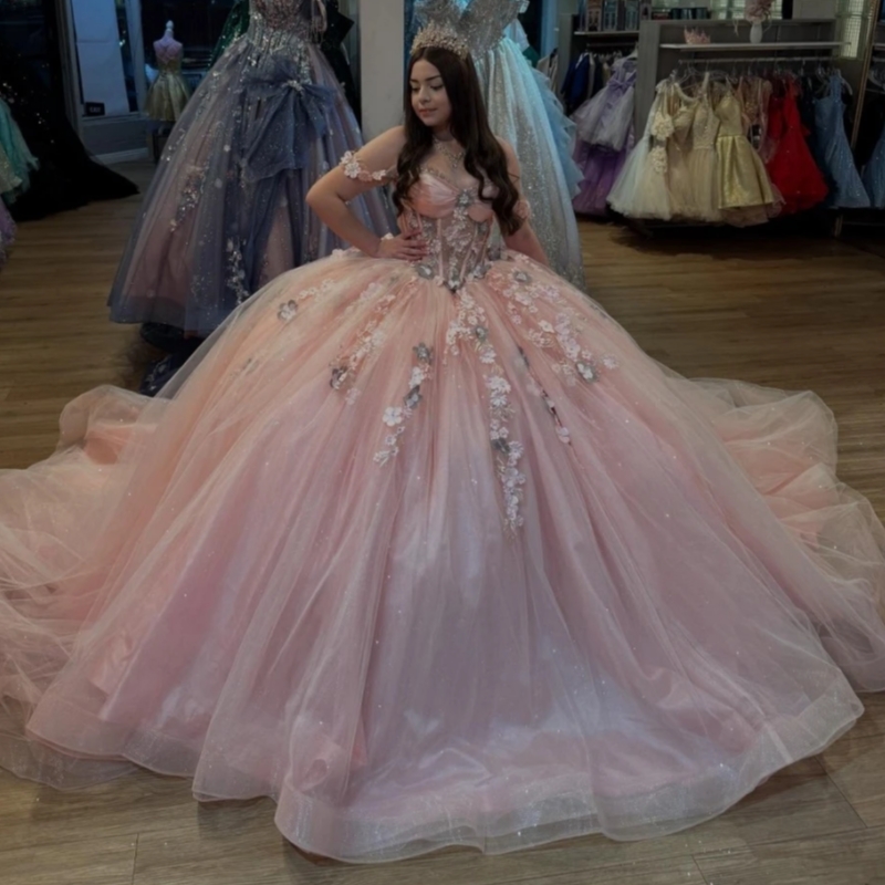 Pink Princess Quinceanera Dresses Ball Gown Floral Applique Beading Tull Corset Sweet 16 Dress Vestidos De 15 Anos