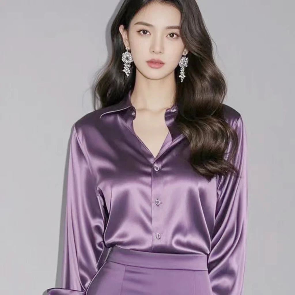 Womens Satin Shirts Elegant Plain Long Sleeve Blouse Office Lady Button-Up Shirt Top Female Crew Neck Shirts Blouse 2025 Spring 250617