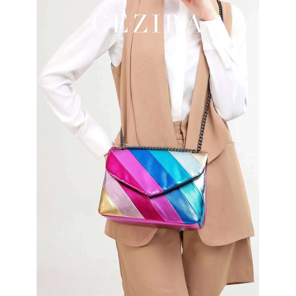 CEZIRA Metallic PU Leather Flap Shoulder Bag For Women Colorful Stripes Patchwork Chain Cross Body Handbag Daily Casual