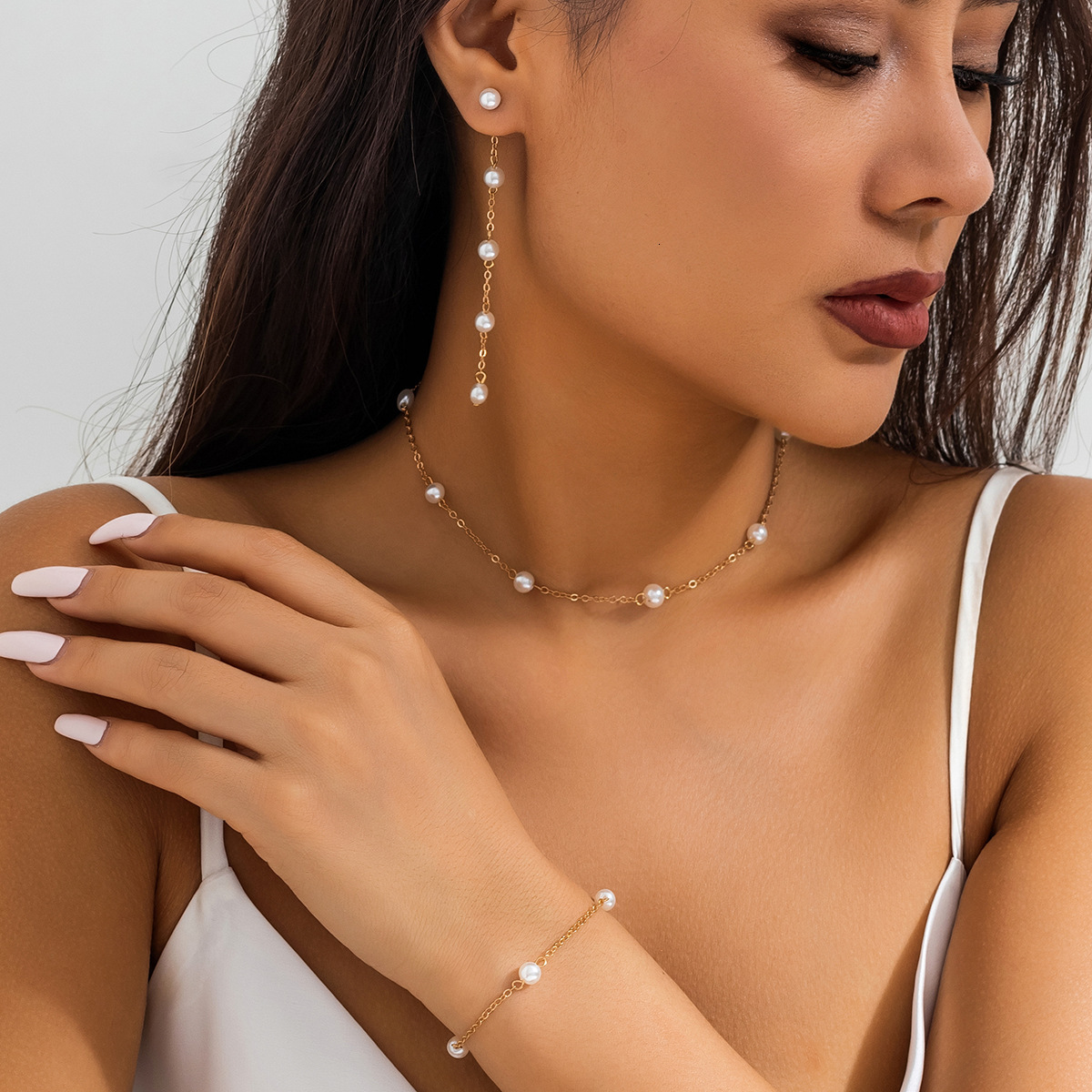 French Style Commuter Elegant Pearl Chain Simple Geometric Round Bead Tassel Necklace Set