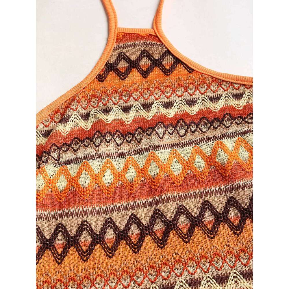 ZAFUL Women's Sexy Halter Tied Open Back Colorful Rainbow Zig Zag Stripes Knit Slinky Midi Dress Long ethnic dress 2024 NEW