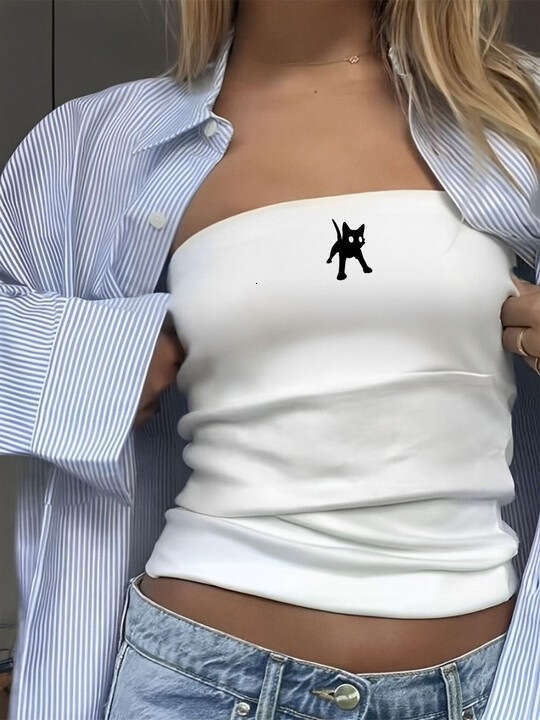 Summer New Short Sleeve Bread Casual Versatile Printed Crop Spicy Girl Outfit Base Shirt Tube Top Small Vest B5