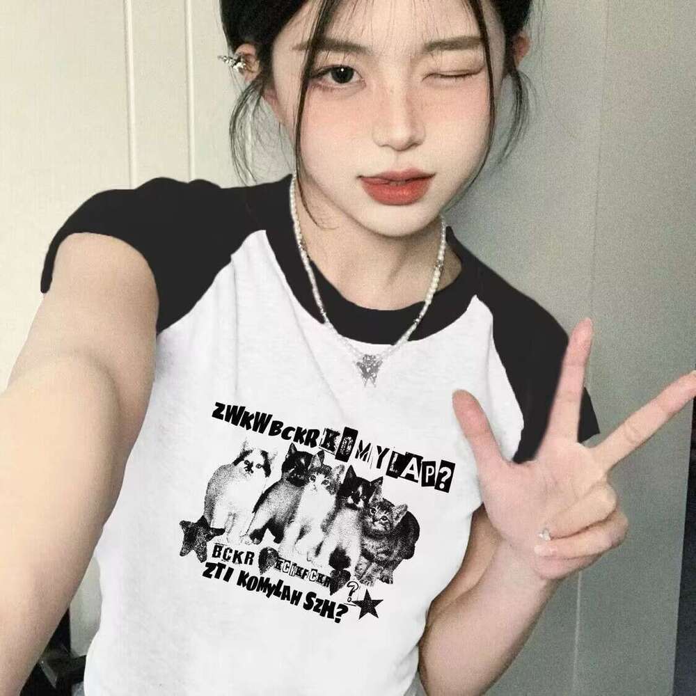 American Style Spicy Girl Raglan Sleeve Color Block Print T-Shirt Women New Summer Short Regular Shoulder Round Neck Top B5