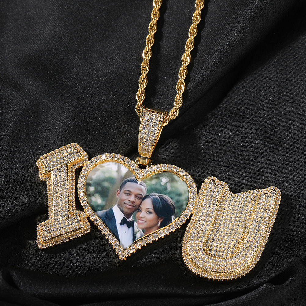 14K Gold Personalized I Love You Custom Photo Pendant Necklace For Couple Full Cubic Zirconia Heart Lovers Diy Picture Wedding Memorial Jewelry Collar