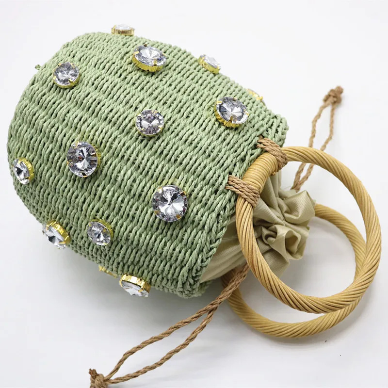 Summer Round Rattan Handmade diamond Pearl Bag Bohemian Leisure Straw Bucket Knitting Shoulder Crossbody Beads Beach Bag 250624