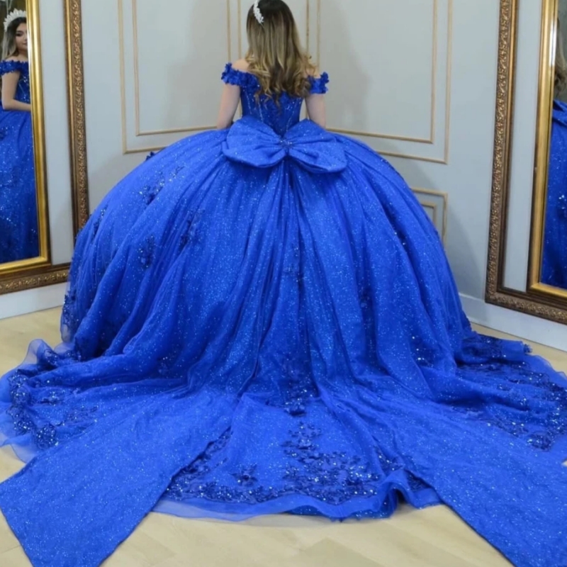 2025 Royal Blue Shiny Quinceanera Dresses Ball Gown Floral Applique Beading Crystal Tull Bow Sweet 16 Vestidos De 15 Anos