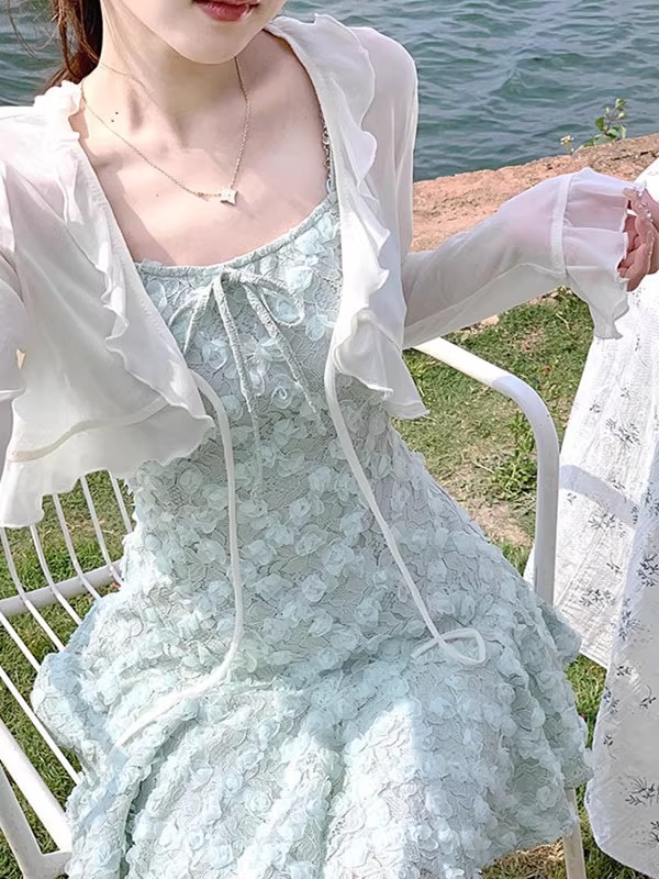 K1117 Women's ruffled cardigan sun protection clothing thin shawl with suspenders dress outer cover tulle top blouse