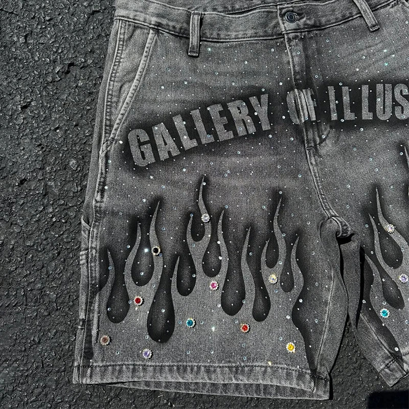 Y2K Vintage Distressed Jeans Flame Pattern Rhinestone Decoration High Waist Denim Shorts Fashion Men Women Hip Hop Streetwear 250617