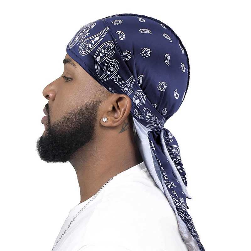 New Arrival New Men Satin Paisley Printed Durag Turban Bandanas Headwear Silky DuRag Doo Rag Long Tail Pirate Hat Wave Caps Hair Accessories U250623