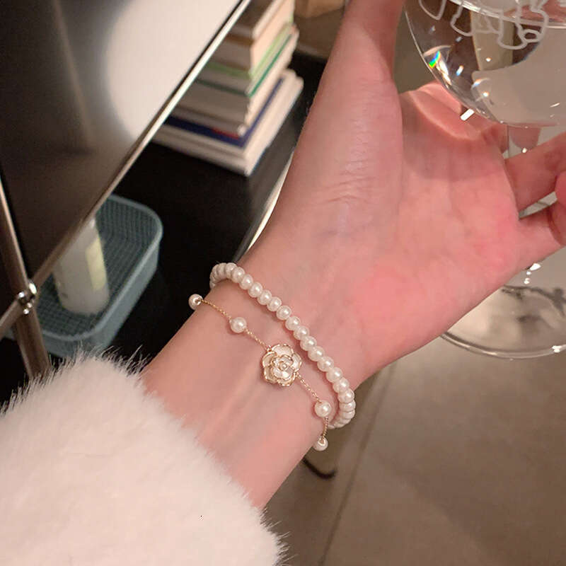 Double Layer Pearl Camellia Bracelet Light High-end Sense Elegant Versatile Fashion Niche Jewelry
