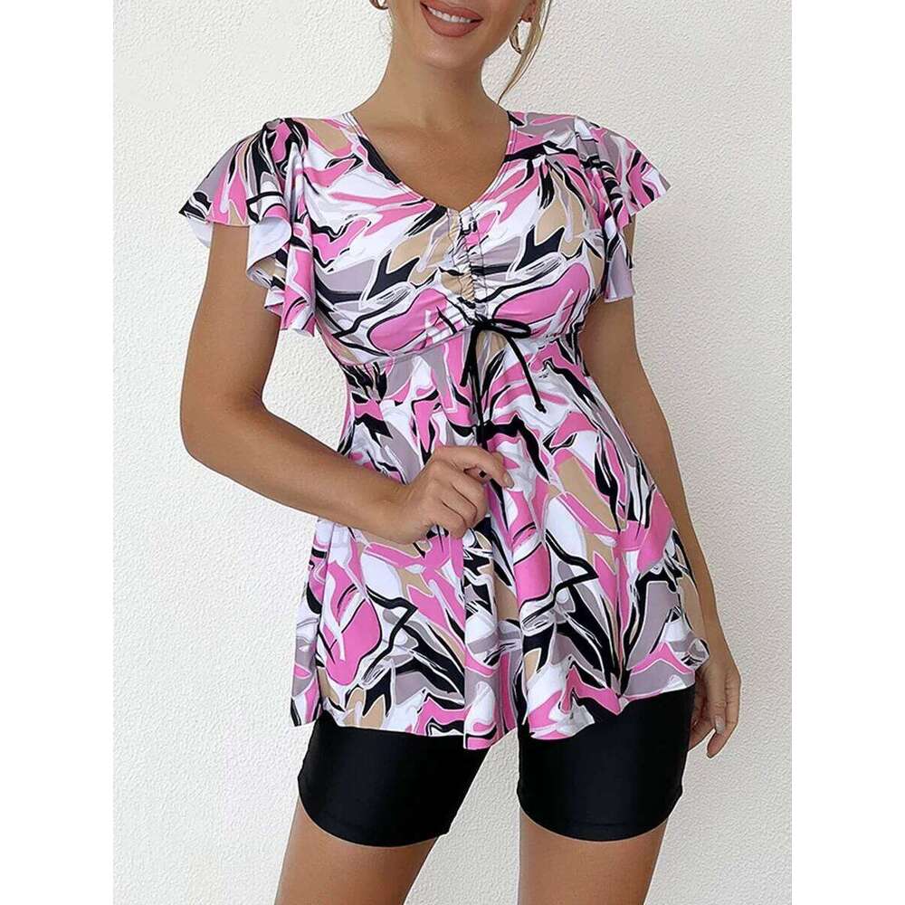 Two Piece Swimsuit Women 2025 Printed Tankini Set Tie Front Drawstring Swimwear Female Bathing Swimming Suit Beachwear Summer