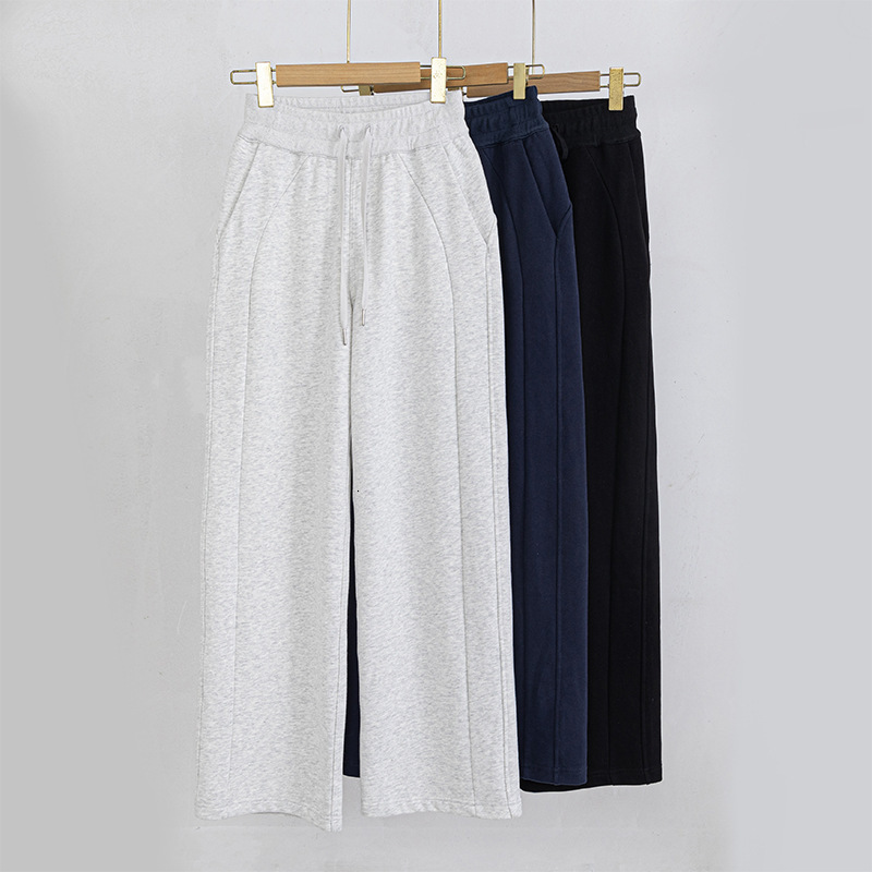 Autumn Winter Fleece Lined Sweatpants Mid-Waist Wide-Leg Casual Versatile Slimming Elastic Waist Straight-Leg Outdoor Warm Sports Pants