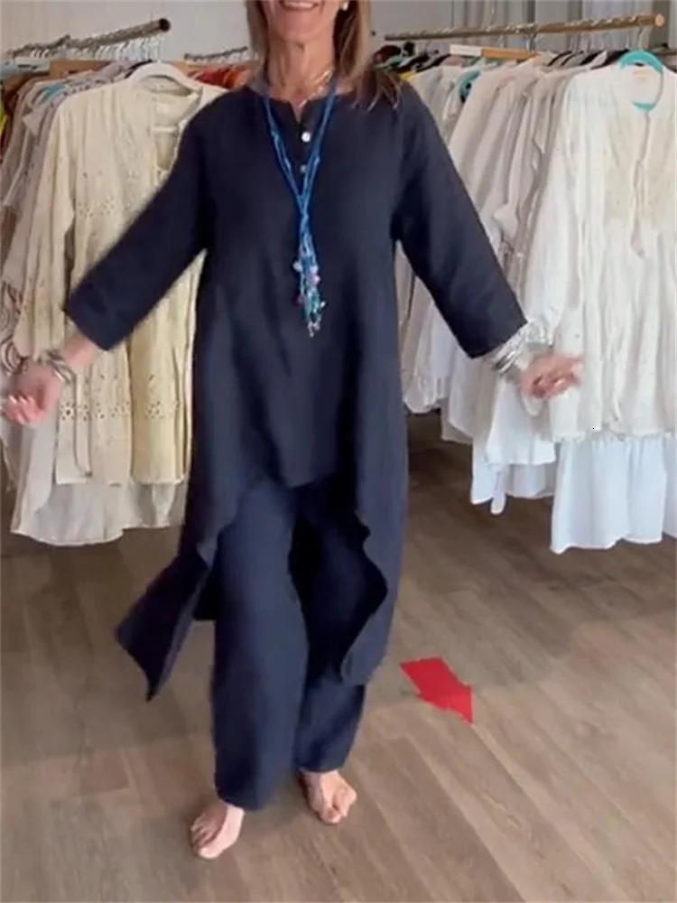 2024 Europe and the United States crossborder summer pure color casual longsleeved cotton linen suit women 250614