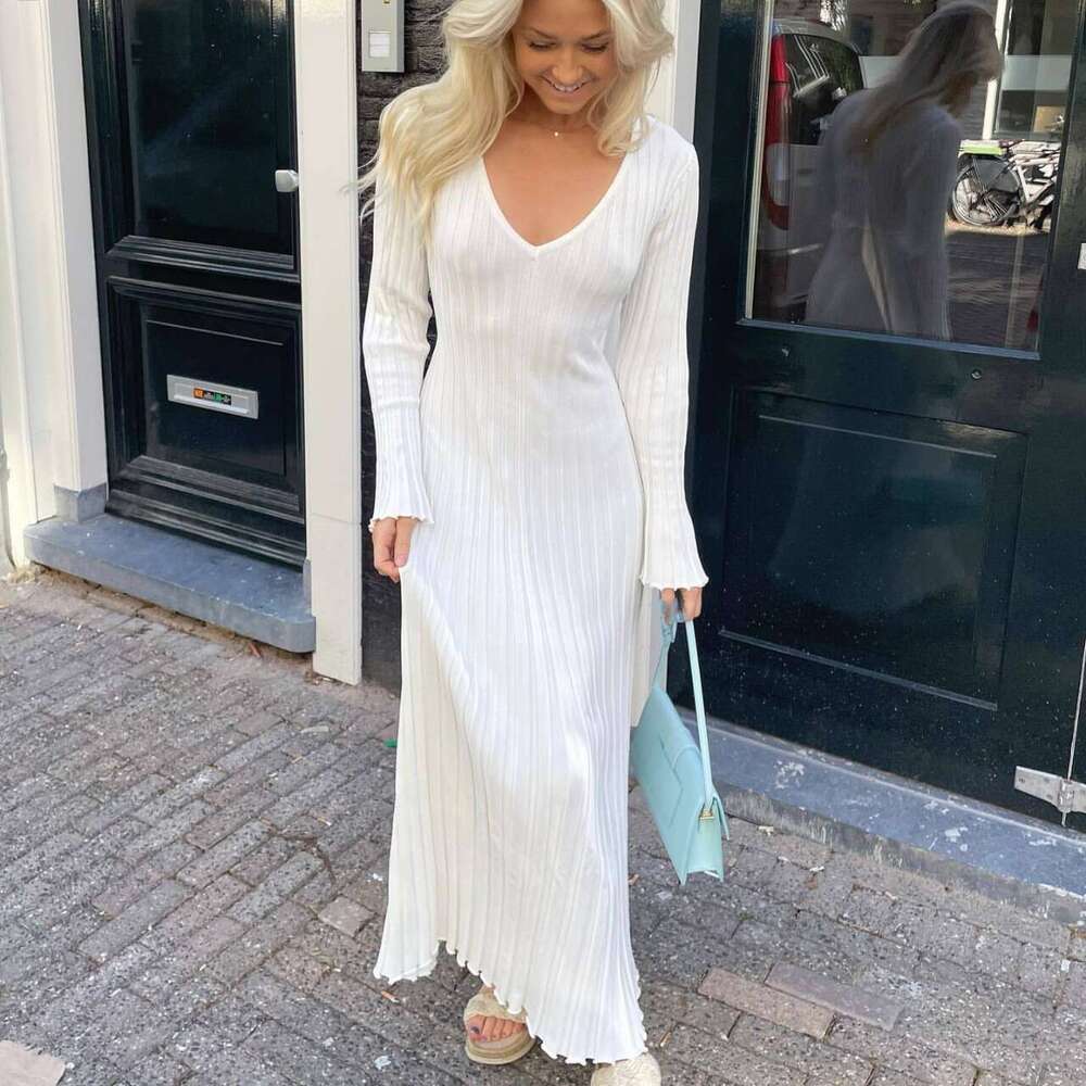 Spring Summer New Casual Waist V-Neck Ribbed Slimming Knitted Long Dress For Women B5