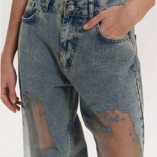 American Style Spicy Girl Straight Hollow Out Texture Niche Design Sense Jeans Loose Wide Leg Long Pants B5