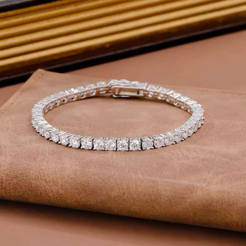 Fashionable Jewelry 4mm Moissanite Tennis Four Prong Setting 925 Silver White Gold Plated Tennis Chain