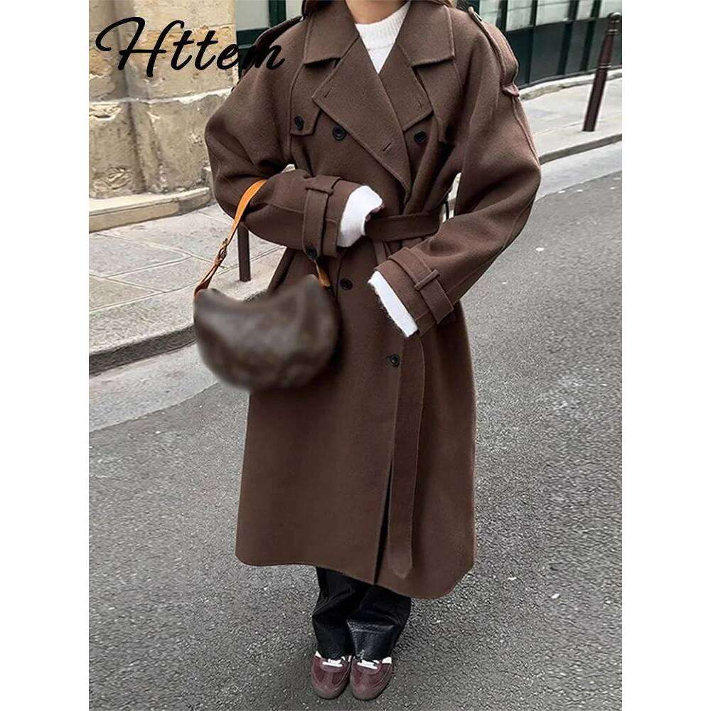 Elegant Wool Blends Long Coats Women With Belt Lapel Double Breasted Full Sleeve Coat Female 2025 Autumn Lady Outwears