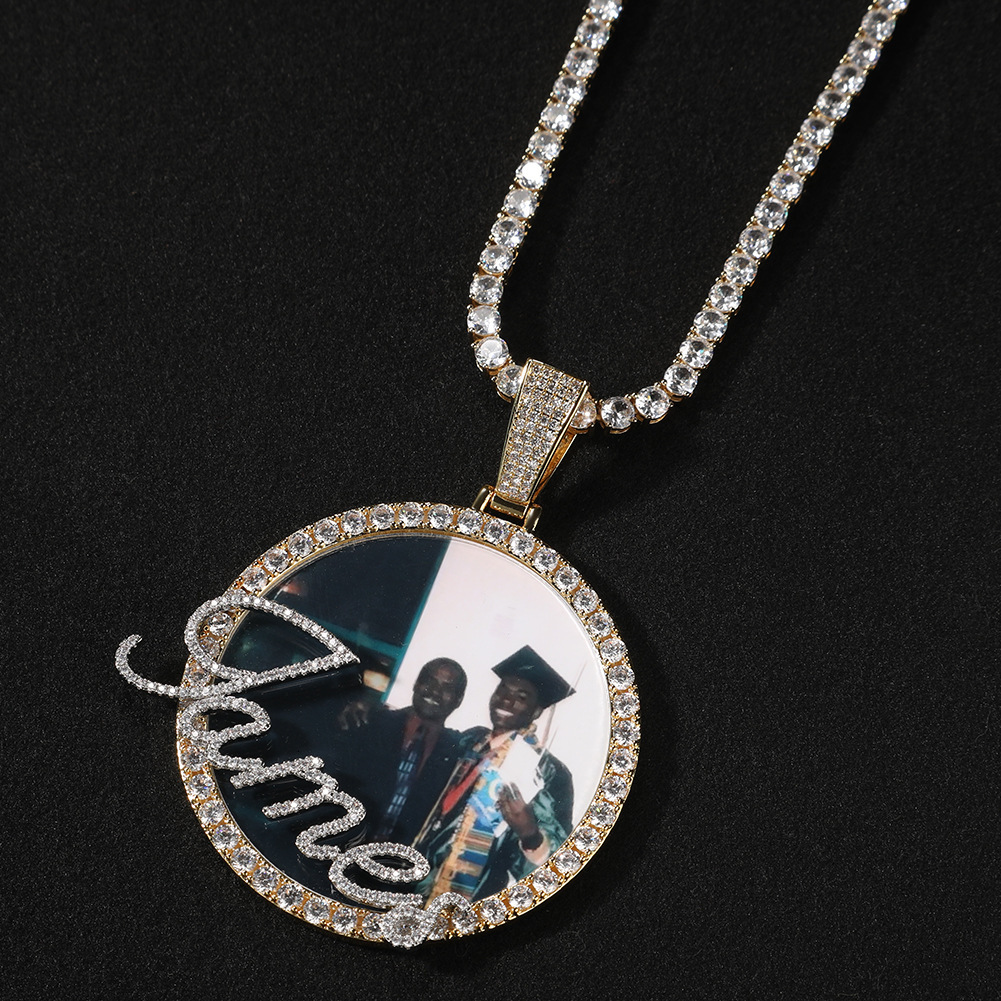 Custom Photo and Name Round Pendant Necklace 14K Gold New In Personalized Full CZ Stones Cubic Zirconia Diy Picture Collar Hip Hop Rapper Jewelry Gift
