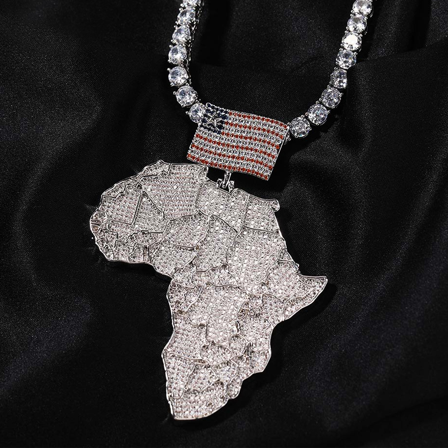 14K Gold Street Hip Hop Africa Map Pendant Full Iced Out Cubic Zirconia Flag Charm Trendy Mens Necklace Collar Aesthetic Punk Rock Rapper Jewelry Acce