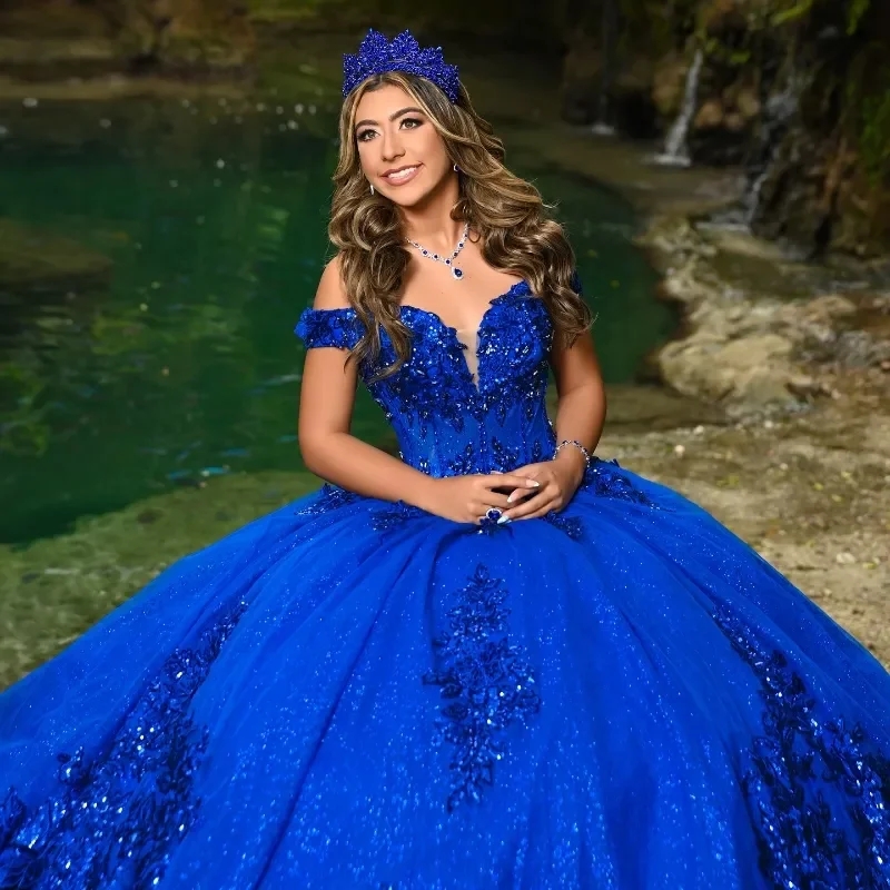 Royal Blue Shiny Quinceanera Dresses Applique Lace Beads Off Shoulder Tull Sweet 16 Dress Vestidos 15 De Anos