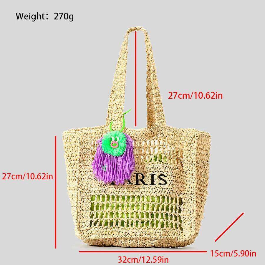 Casual Hollow Letters Straw Shoulder Bags For Women Paper Woven Large Tote Handmade Summer Beach Bag Big Shopper Purses 2024